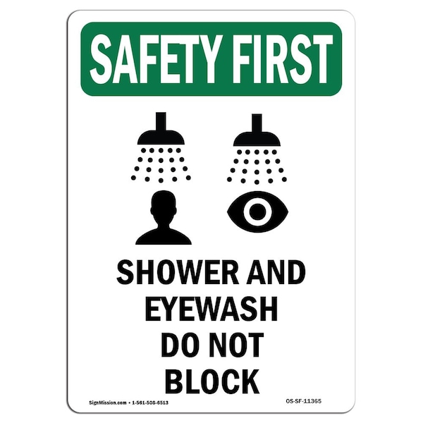 Safety Sign, OSHA SAFETY FIRST, 5" Height, Shower And Eyewash, Portrait, 10PK